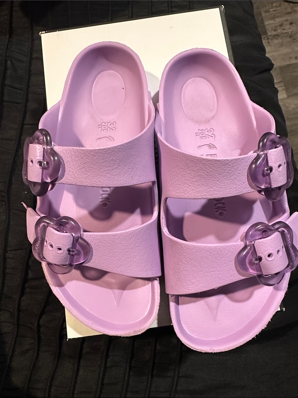 Birkenstock Kids Pastel Purple Double-Strap Sandals with Flower Buckles